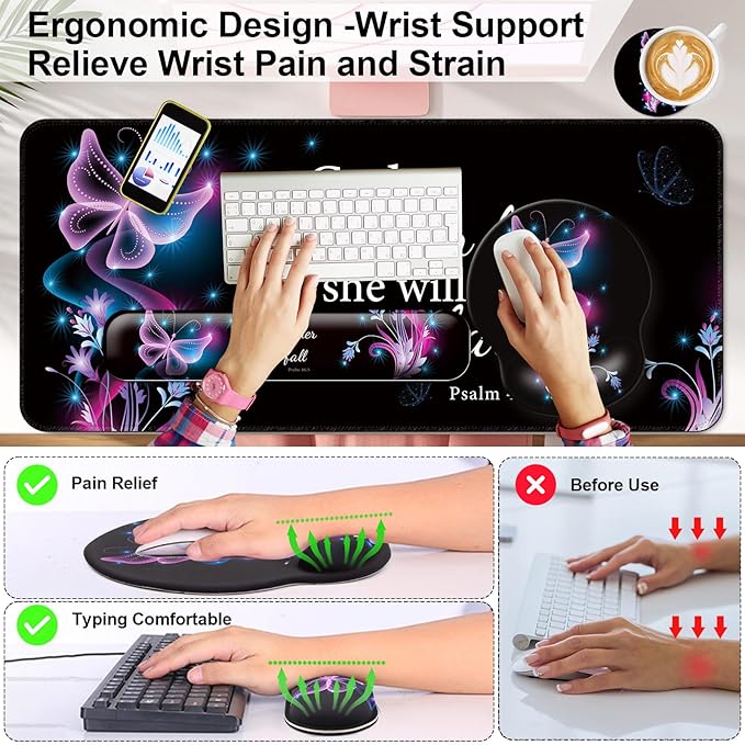 Mouse Pad + Desk Mat + Keyboard Wrist Rest + Coaster 4 in 1 Set, Cute Ergonomic Large Gaming Mousepad with Wrist Rest Support Desk Pad for Computer Laptop Office Home Decor-Purple Butterfly
