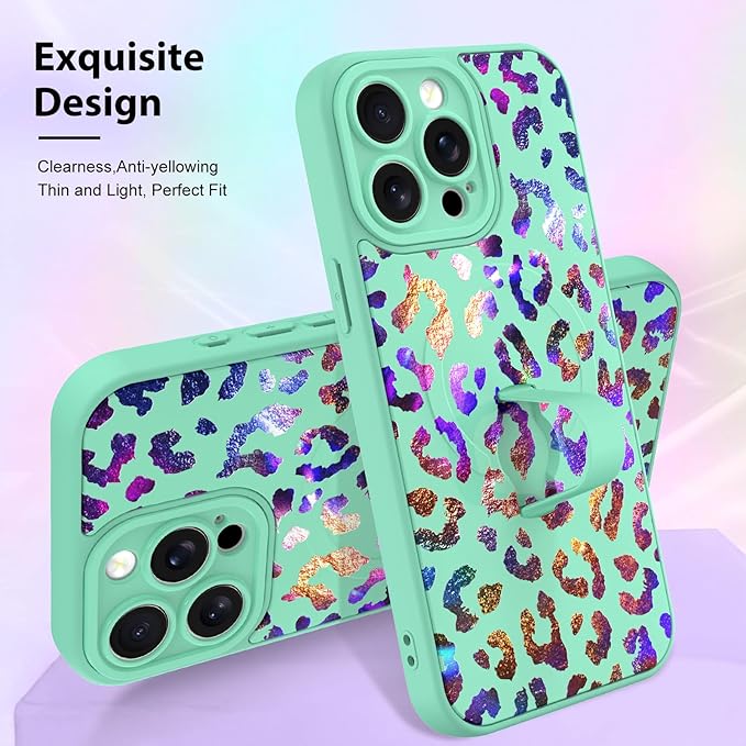 KANGHAR Compatible with iPhone 15 Pro Case, Support for MagSafe, Silicone Cute Iridescent Leopard Cheetah Pattern, Wristband Kickstand Shockproof Protective Slim Cover for Women Girls, Green
