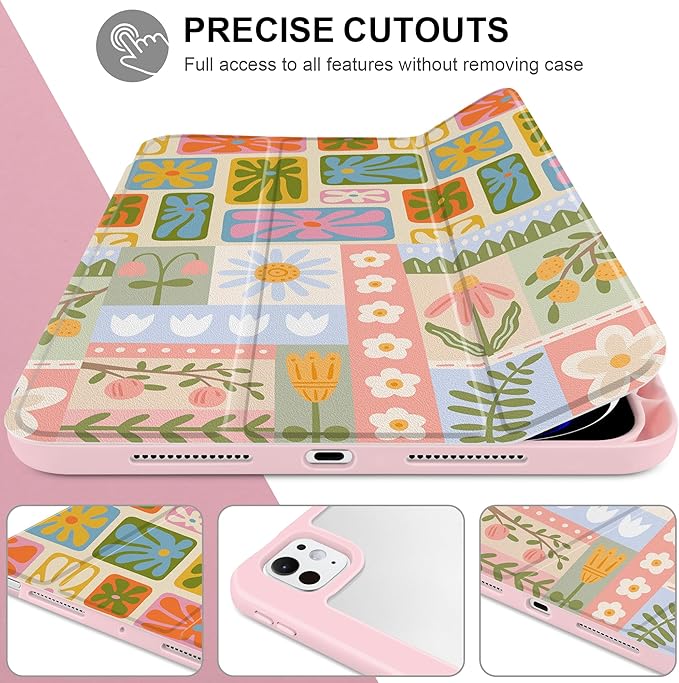 Case for iPad Pro 11 inch (M5) 2025 (M4) 2024 Release Slim Lightweight Cute Light Pink Cover with Clear Back TPU Edge Pencil Holder Trifold Stand, Flower Patchwork