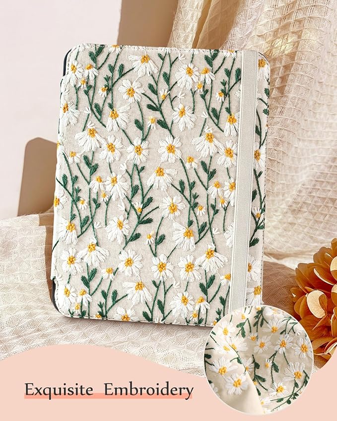 Uppuppy for iPad Air 13 Inch Case M3 2025/M2 2024, for iPad Pro 12.9 Case 6th/5th/4th/3rd Gen - Women Girls Cute Embroidered Folio Stand Cover with Pencil Holder & Card Slot Girly White Daisy Flowers
