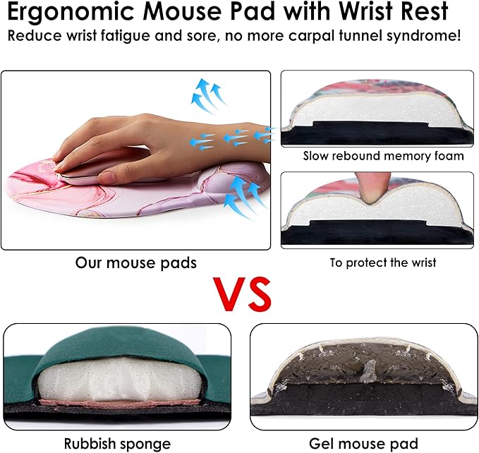 Ergonomic Mouse Pad with Wrist Support,Cute Mouse Pads with Wrist Rest,Comfortable Mouse Pad for Home Office Gaming Working Computers Laptop,Pain Relief with Non-Slip PU Base (Pink Marble)