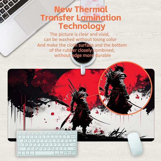 Large Gaming Mouse Pad, Cool Japanese Samurai Desk Mat, Red and White Samurai Desk Pad, 31.5"x15.7" Extended Big Computer Keyboard Mouse Pad with Non-Slip Base and Stitched Edge