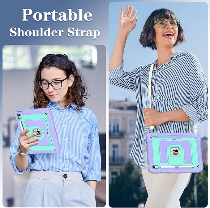 Kids Friendly Case for iPad A16 11th Generation 11 Inch 2025 / iPad 10th Generation 10.9" 2022 Case with Pencil Holder & Shoulder Strap, Hybrid iPad 11 10 Cover Rugged Shockproof Kickstand,Purple+Mint