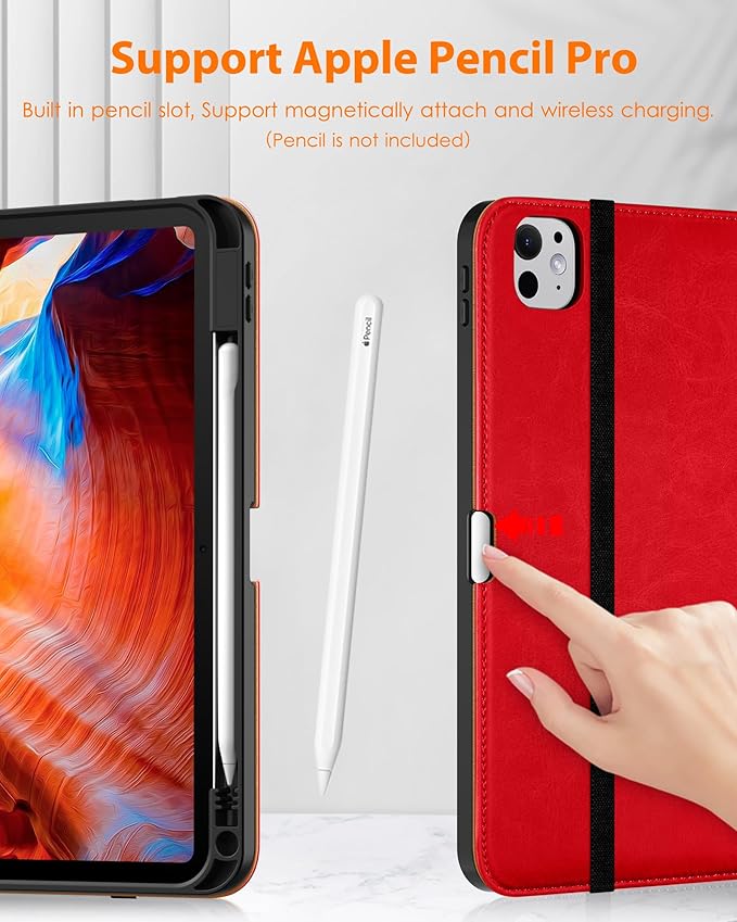 DTTO for iPad Pro 11 inch Case (M5/M4) 2025/2024, Premium Leather Business Folio Stand Cover with Pencil Holder - Auto Wake/Sleep and Multiple Viewing Angles, Bright Red