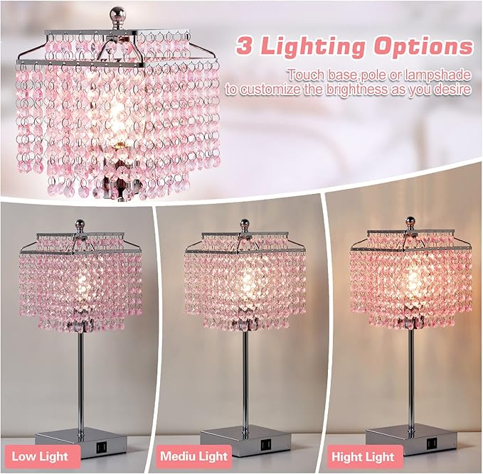 Luvkczc Set of 2 Bedside Pink Crystal Table Lamp, Touch Control Crystal Lamp, Dimmable Lamp for Bedroom, Girl Living Room, 6W B11 Bulb Included