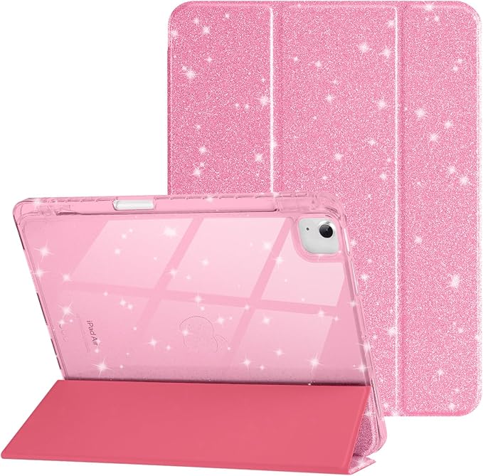 Case for iPad Air 13 Inch (M3 / M2, 2025/2024) & iPad Pro 12.9 6/5th Gen (2022/2021), Glittering Sparkly Cover with Shiny Clear Back Shell, Trifold Stand Case with Pencil Holder, Pink