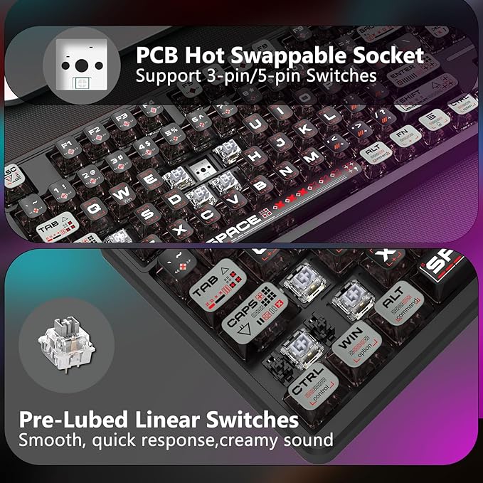 E-YOOSO Wireless Mechanical Keyboard Creamy, Bluetooth/2.4GHz/USB-C Wired, Hot Swappable Pre-Lubed Linear Switches, RGB Backlit, Cyber Mecha Style, Full Size Custom Gaming Keyboard for PC/Mac