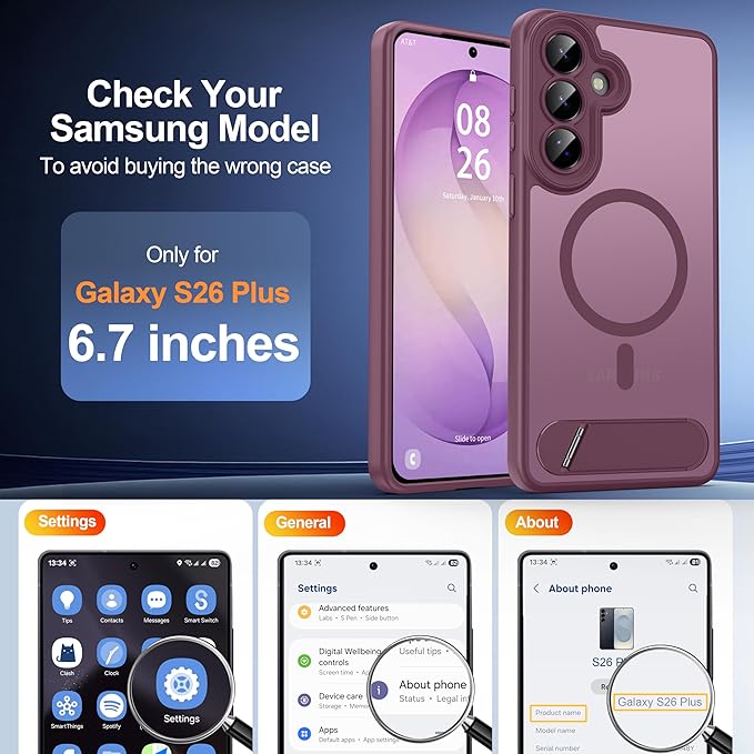 Magnetic for Samsung Galaxy S26+ Plus Case, [Compatible with MagSafe][Full Camera Protection][Built-in Invisible Kickstand] Translucent Matte Phone Case for S26 Plus 6.7" - Wine Red