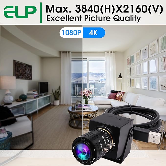 ELP 4K USB HDMI Camera Manual Zoom Webcam Variable Focus PC Camera Mini Close-up Camera for Computer H.264 Telescope USB Security Camera 8mp IMX415 Industrial CCTV Camera (3.6-10mm 3X Zoom Lens)
