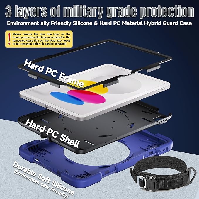 Andnary Case for iPad (A16) 11th /10th Generation 11/10.9 Inch 2025/2022 with Screen Protector/360° Rotate Stand/Shoulder Strap/Pencil Holder, Shockproof iPad 11th/10th Gen Cover (Navy+Black)