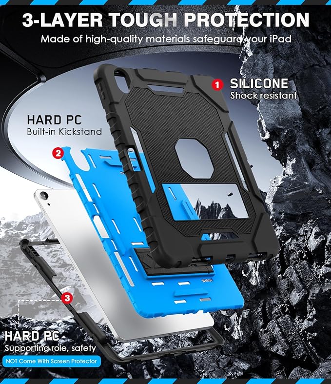 Grifobes Case for iPad Air 11-inch (M4/M3/M2) 2026/2025/2024, for iPad Air 5th/4th Generation 2022/2020 10.9", Heavy Duty Rugged Cover with Stand/Pencil Holder for i Pad Air 5 4 Gen(Black+Blue)