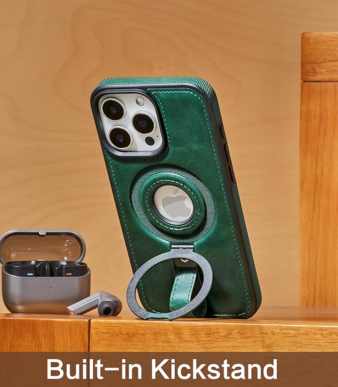 Butaiga for iPhone 16 Pro Max Leather Case with Stand, Anti-Slip Grip Ring, Fits for MagSafe (Green, iPhone 16 Pro Max)