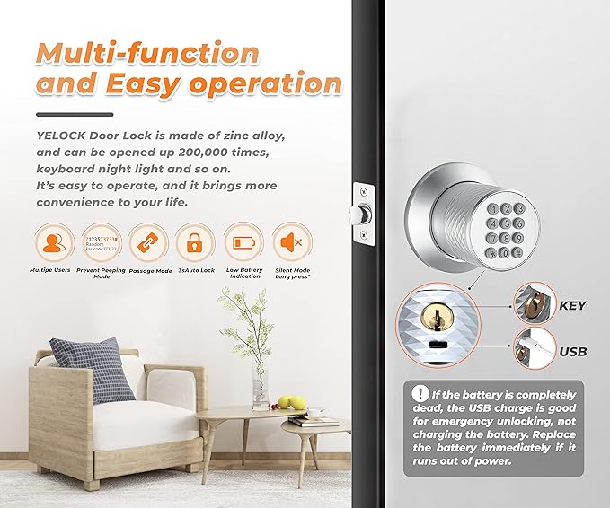 Buoan Electronic Keypad Door Knob, Smart Keyless Entry Door Knobs, Code, Anti-Slip Handle, 2.5s Auto Lock, Waterproof Door Lock, Easy to Install for Home, Office, Apartments and Garage Silver