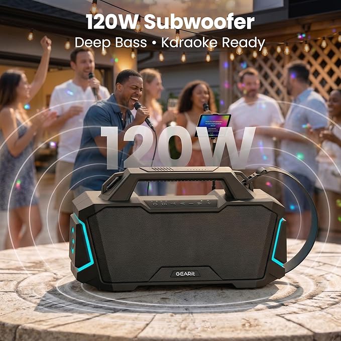 GEARit Boombox Outdoor Speaker Portable | 120W Subwoofer Deep Bass Karaoke | IPX6 Waterproof RGB Light Bluetooth 5.3 EQ | AUX/MicroSD/USB Power Bank 12H Playtime for Camping Beach Party Pool Gift