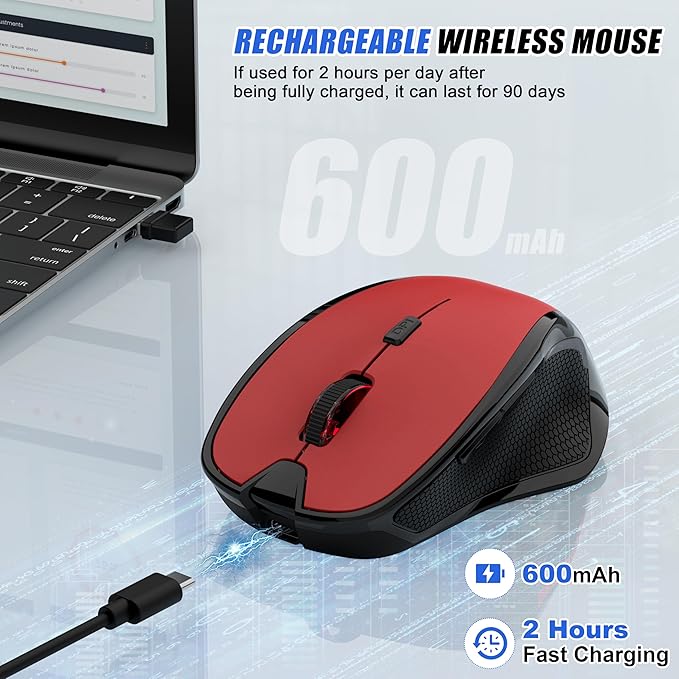 Bluetooth Wireless Mouse, 2.4G Ergonomic Rechargeable Computer Mouse for MacBook Air iPad Pro PC with Jiggler Mode, 3 DPI Levels & Forward/Back Buttons Laptop Mice for Office/Home/School - Red