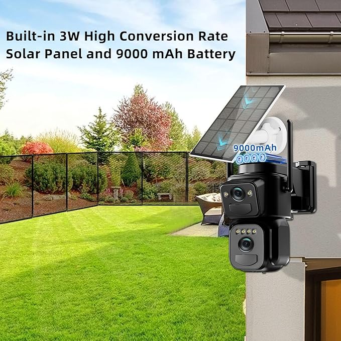 4K Solar Security Cameras Wireless Outdoor Battery Powered, 5GHz & 2.4GHz Dual Lens Bullet & 360° PTZ Outdoor Security Camera with Solar Panel, Digital Zoom, Night Vision,PIR Sensor (1Pack)