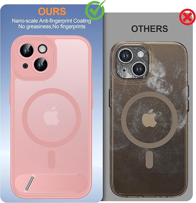 Magnetic Compatible with iPhone 15 Case, [Built-in Invisible Kickstand][Compatible with MagSafe][Full Camera Protection] Translucent Matte Phone Case for iPhone 15 6.1" Pink