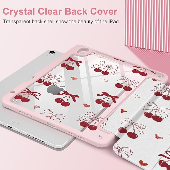 Case for iPad Air 13 inch 2026 M4 2025 M3 2024 M2 Release with Pencil Holder - Aesthetic Cute Preppy Design Trifold Cover with Soft TPU Bumper Clear Back Auto Sleep for Girls Women, Cherry