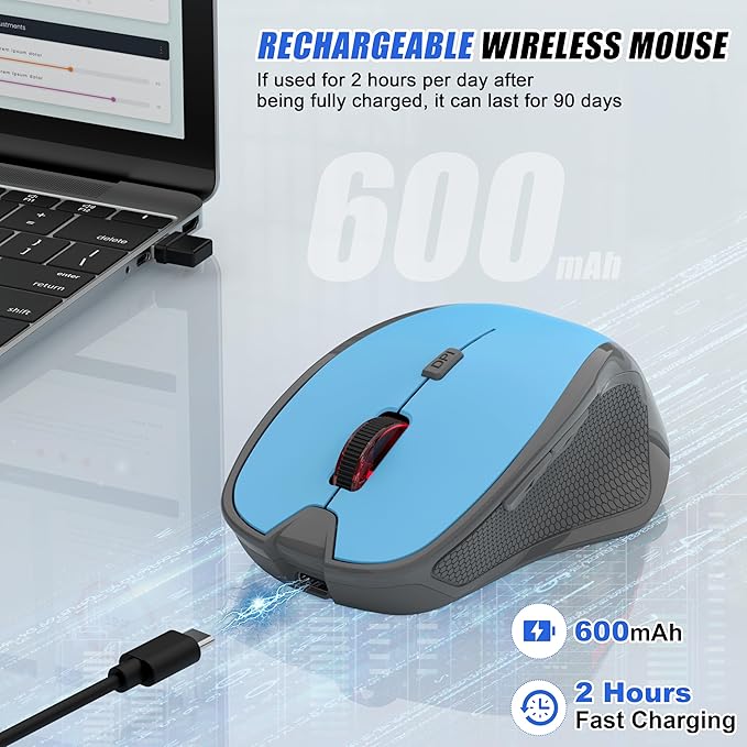 Wireless Bluetooth Mouse for iPad Pro MacBook, Ergonomic Rechargeable Mice with Jiggler Mode, 2-Mode Bluetooth 5.2/3.0 & 2.4G USB-A/USB-C Receiver, Silent Optical Mouse for Mac PC Laptop, Blue