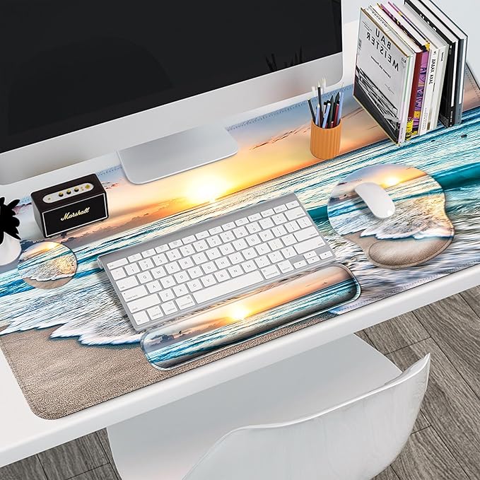 Mouse Pad + Desk Mat + Keyboard Wrist Rest + Coaster 4 in 1 Set, Cute Ergonomic Large Gaming Mousepad with Wrist Rest Support Desk Pad for Computer Laptop Office Home Decor-Beach