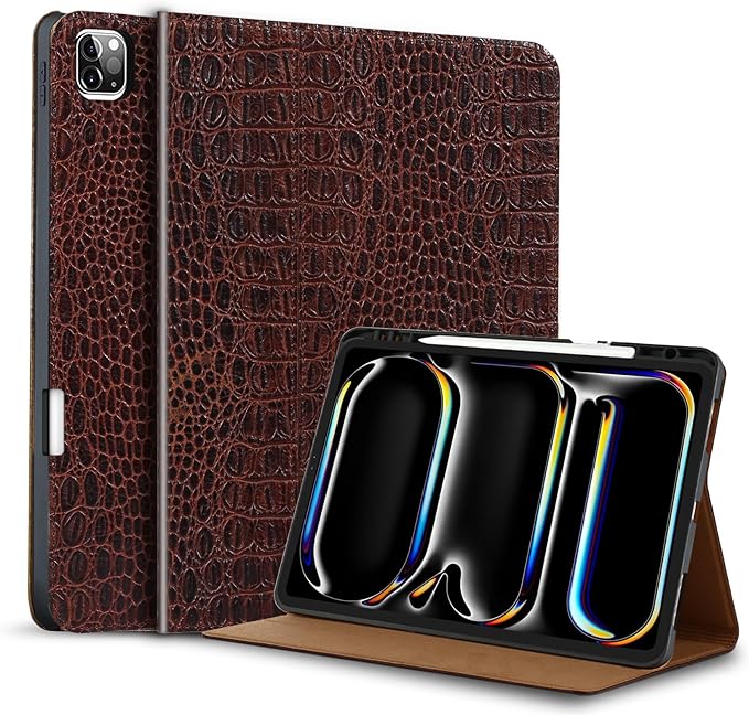 Gexmil Leather Case for iPad Pro 12.9 Inch Case 6th/5th/4th/3rd Generation 2022/2021/2020/2018 with Pencil Holder,Genuine Leather Folio Cover Shockproof Auto Sleep/Wake,Brown Crocodile
