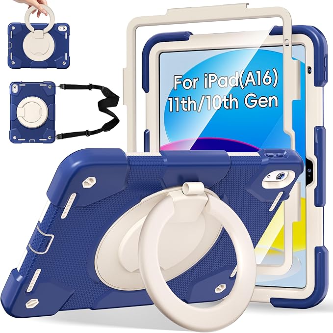 Andnary Case for iPad (A16) 11th /10th Generation 11/10.9 Inch 2025/2022 with Screen Protector/360° Rotate Stand/Shoulder Strap/Pencil Holder, Shockproof iPad 11th/10th Gen Cover (Navy+White)