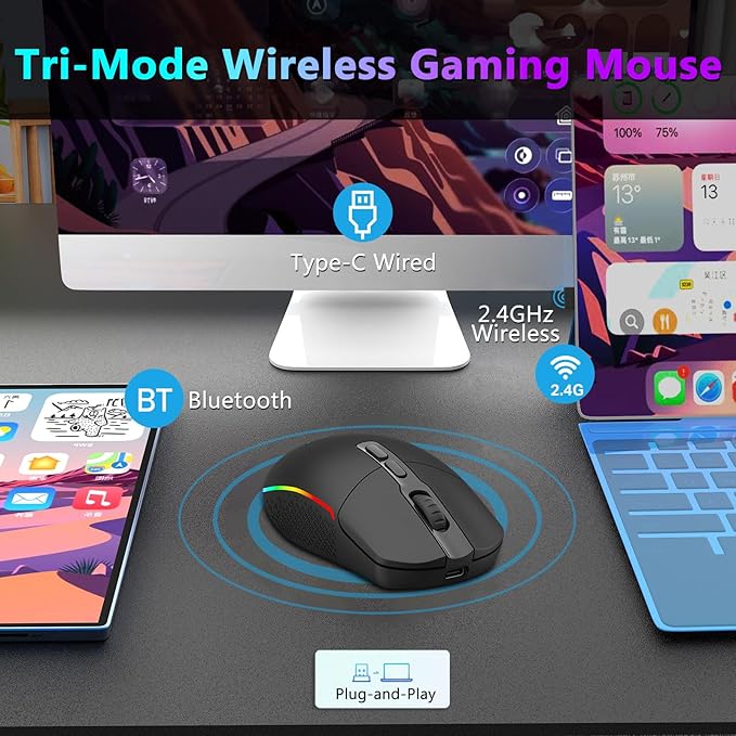 Redragon Wireless Gaming Mouse, Bluetooth/2.4Ghz/USB-C Wired RGB Backlit Gamer Mouse, 24000 DPI, Fully Programmable, Rapid Fire Key, Rechargeable Computer Mouse for Laptop PC Mac, Black