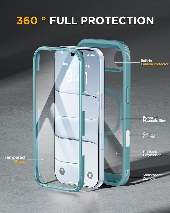 Miracase Magnetic for iPhone Air Case 6.5" [Compatible with MagSafe] Full-Body Phone Case with Built-in Glass Screen Protector & Camera Control,Drop Proof iPhone 17 Air Case Cover, Green