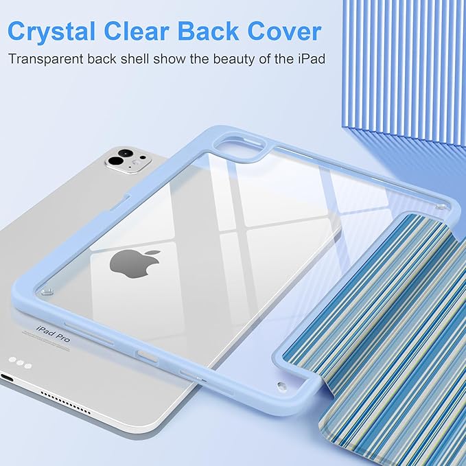 TWOLSKOO Case for iPad Pro 11-inch (M5 2025 / M4 2024), Clear Acrylic Back with TPU Bumper, Pencil Holder, Trifold Stand, Auto Sleep/Wake, Blue Stripes