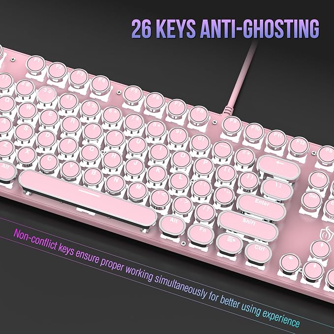 Typewriter Mechanical Gaming Keyboard with RGB Backlit Red Switches, 104 Keys Retro Round Keycap, Wired Typewriter Style Comfortable Typing Soud (Pink)