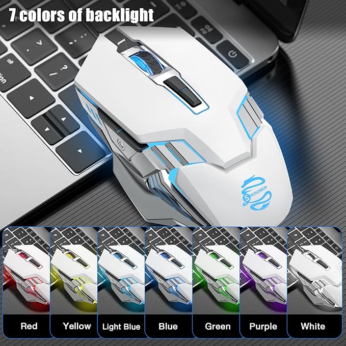 Bluetooth Wireless Gaming Mouse, RGB Rechargeable USB Wireless Mouse, Quiet Click, LED Backlit, Ergonomic, with Side Button, DPI Adjustable Computer Mice for Laptop PC MacBook Chromebook - White