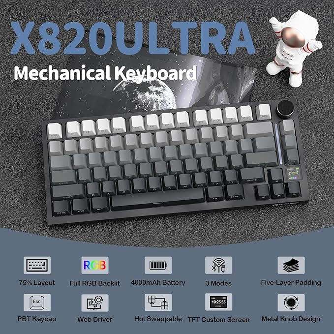 ATTACK SHARK X820 Ultra 75% Wireless Gaming Mechanical Keyboard Hot-Swappable Gasket Mount RGB Backlit BT/2.4G/Wired Custom Keyboard with Smart TFT Display&Knob QMK Driver-Moonlit Night&Shark Switch