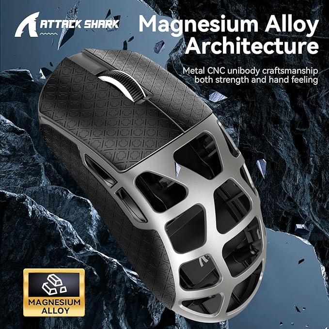 ATTACK SHARK R3 Wireless Gaming Mouse, 46g Superlight Magnesium Alloy Triple-Mode Computer Mouse, 8000Hz Polling Rate, PAW3395 26K DPI Sensor Programmable Mice with Griptape for PC/Win/Mac (Grey)