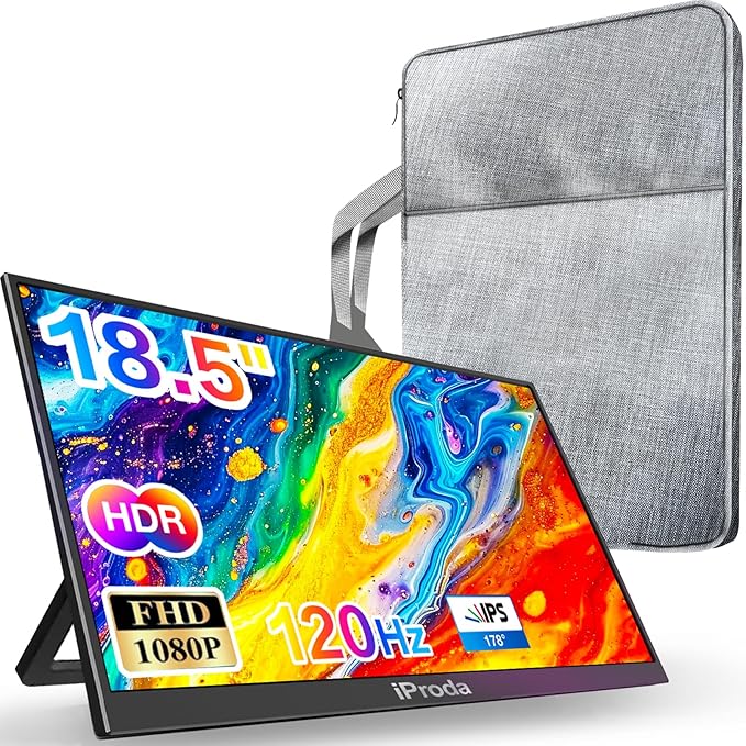 18.5" Portable Monitor 120Hz FHD 1080P, USB-C HDMI Laptop Screen Extender, Second Display for Laptop/PC/Mac/PS5/PS4/Switch, Travel Monitor with Protective Sleeve, VESA Mountable
