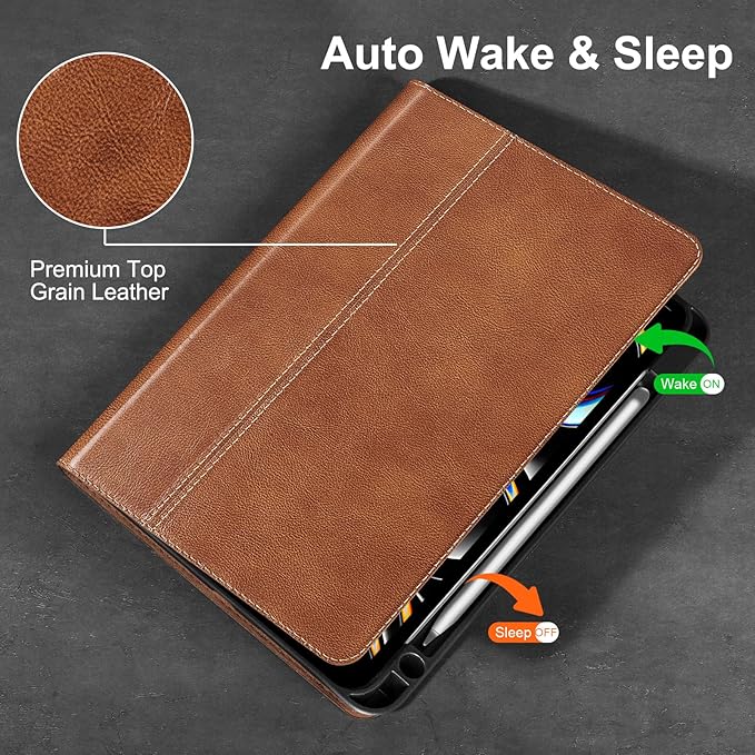 Gexmil Genuine Leather Case for iPad Pro 11 Inch (M5/M4) 2025/2024 with Pencil Holder,Protective Shockproof Leather Smart Folio Cover Adjustable Stand Auto Sleep/Wake Anti-Slip,Vegetable Tanned Brown