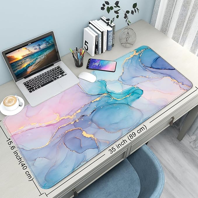 Desk Mat,Large Mouse Pad 35''×15.6'' XXL Extended Gaming Mouse Pad Mat with Non-Slip Base Stitched Eges Mousepad for Computer,Office,Keyboard and Laptop - Blue Marble