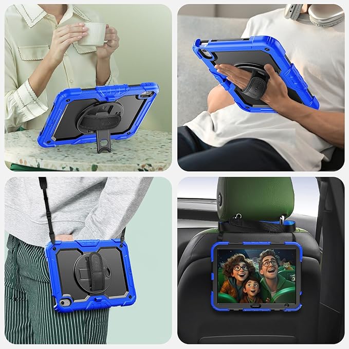 SEYMAC Case for iPad (A16) 11th/10th Generation 2025/2022 (11″/10.9″), Sturdy Heavy Duty Full-Body Shockproof Protective Case with Screen Protector, Rotating Stand, Hand/Shoulder Strap, Black/Blue
