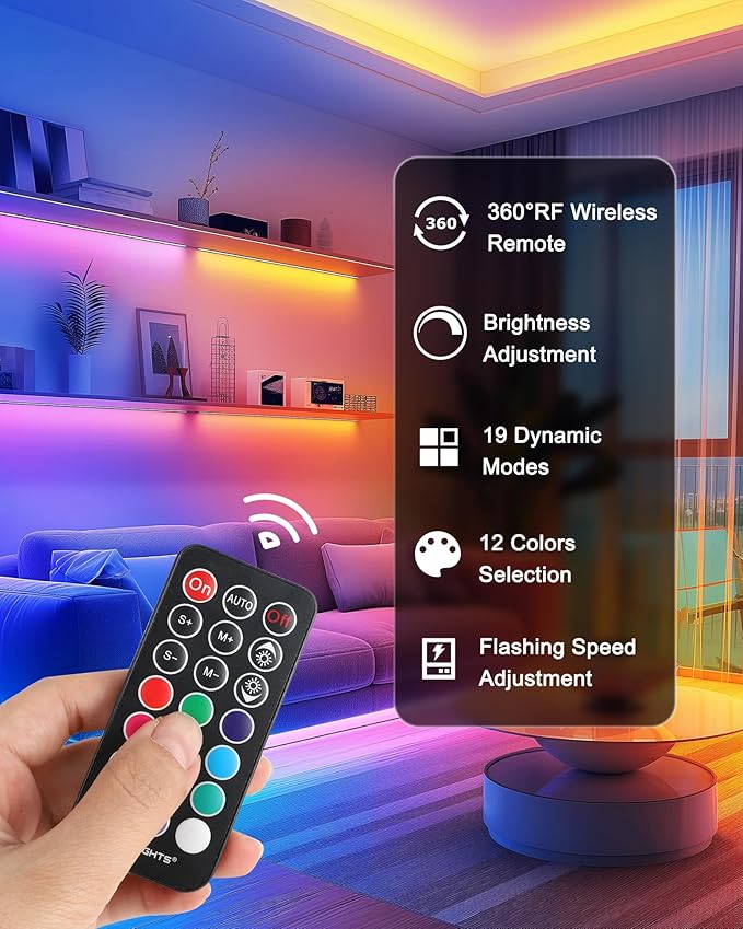 Hitlights LED Strip Lights 3 Pcs 1.64FT RGB Small LED Light Strips Kit Dimmable RGB 5050 Color Changing Tape Lights TV Backlight Display Case Lights Shelves Lighting with RF Remote & UL-Listed Adapter