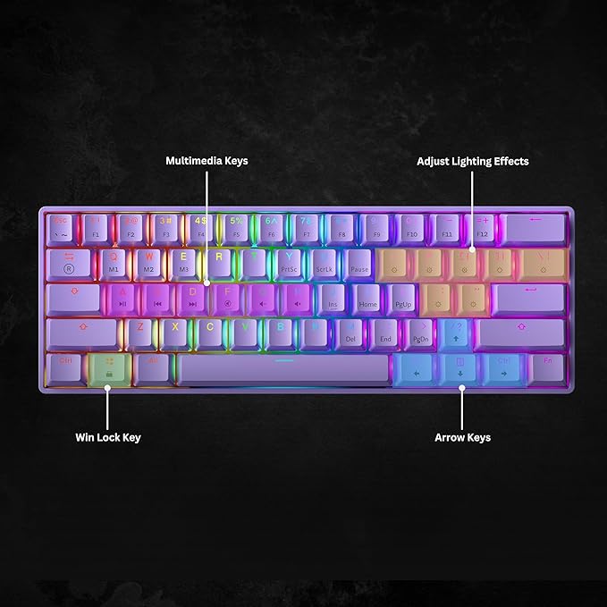GK61 Mechanical Gaming Keyboard - 61 Keys Multi Color RGB Illuminated LED Backlit Wired Programmable for PC/Mac Gamer (Gateron Optical Black, Lavender)