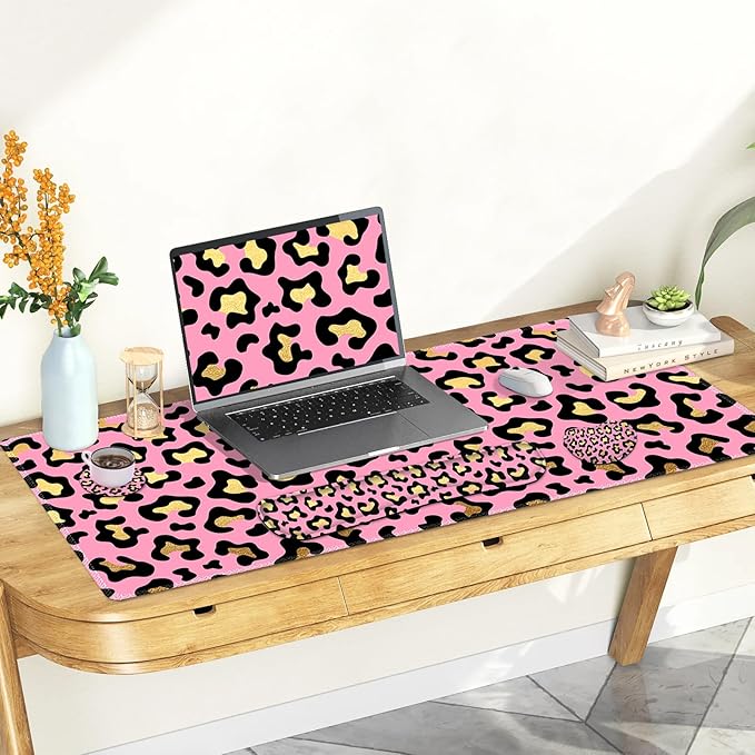 Large Gaming Mouse Pad Set, 4 in 1 Extended Keyboard Desk Mat with Wrist Rest, PC Computer Game Mousepad Set, Non-Slip Desk Pad Easy Typing Pain Relief for Home Office I Pink Leopard Print