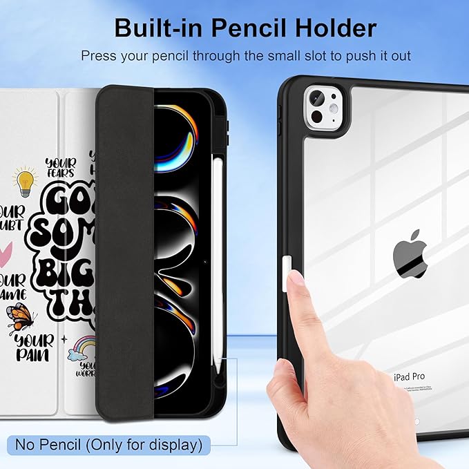 Case for iPad Pro 11 inch (M5) 2025 (M4) 2024 Release with Pencil Holder -Creative Inspiring Design Trifold Cover with Soft TPU Bumper Clear Back Auto Sleep/Wake for Students, Creative slogans
