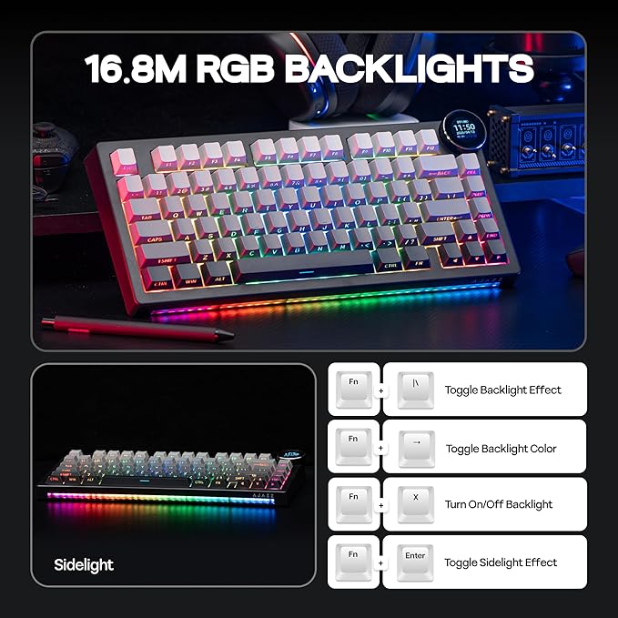 MechLands AJAZZ AK820V2 75% Wireless Gaming Keyboard with 0.9” TFT Display Screen & Knob, Gasket Mechanical Creamy Keyboard with 10000mAh Battery, Hot Swappable, RGB for Win/Mac (Gradient Black)