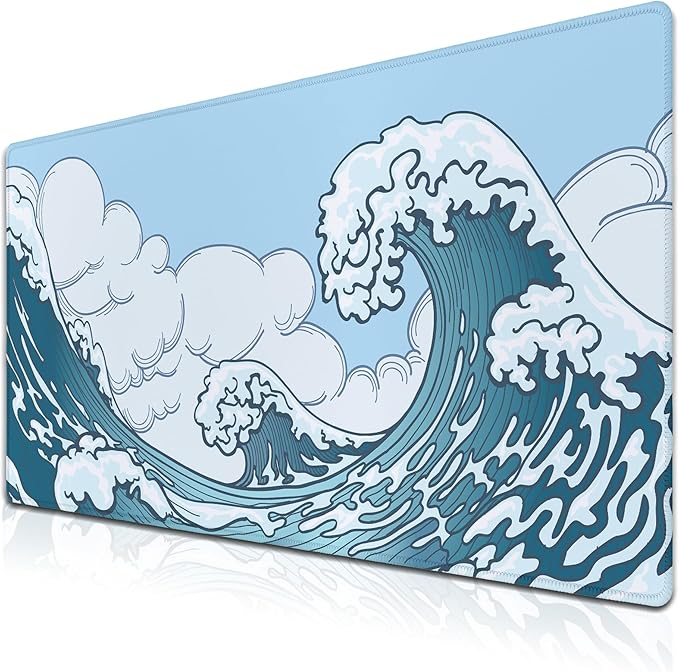 Big Mouse Pad Blue and White, Great Wave Desk Mouse Pads Office Desk Pads, Extra Large Gaming Mouse Pad Non-Slip Rubber Base Waterproof with Stitched Edges, 35.4 X 15.7 inch Japanese Wave