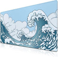 Big Mouse Pad Blue and White, Great Wave Desk Mouse Pads Office Desk Pads, Extra Large Gaming Mouse Pad Non-Slip Rubber Base Waterproof with Stitched Edges, 35.4 X 15.7 inch Japanese Wave