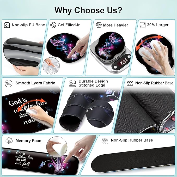 Mouse Pad + Desk Mat + Keyboard Wrist Rest + Coaster 4 in 1 Set, Cute Ergonomic Large Gaming Mousepad with Wrist Rest Support Desk Pad for Computer Laptop Office Home Decor-Purple Butterfly