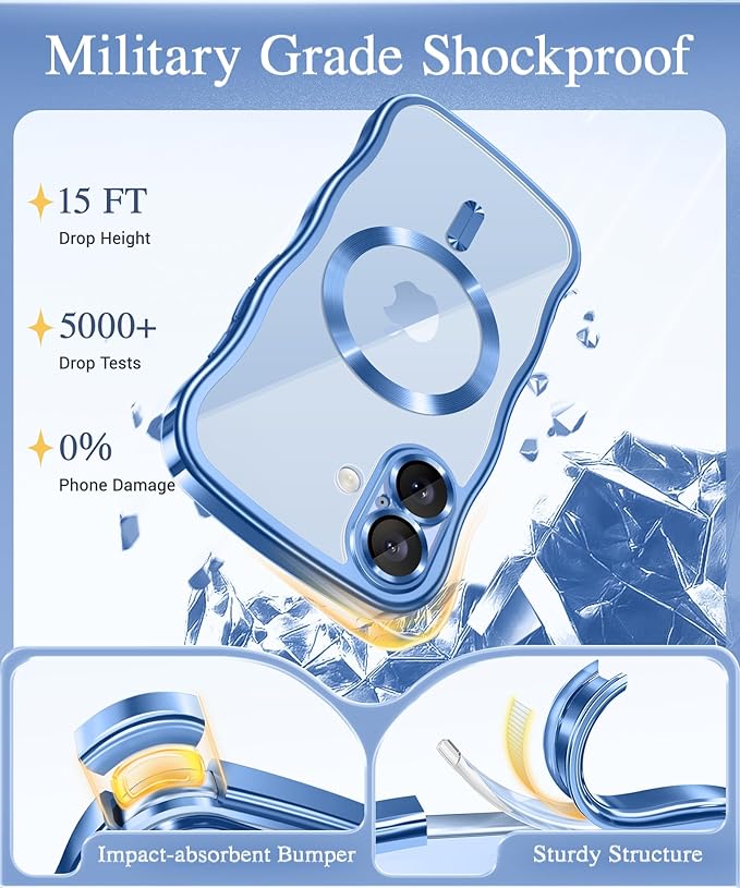 GVIEWIN for iPhone 17 Case Compatible with MagSafe, Upgraded [Full Camera Protection][Cute Wave Frame][Military Grade Protection] Electroplated Hard Phone Cover for Women Girl, Clear/Light Blue