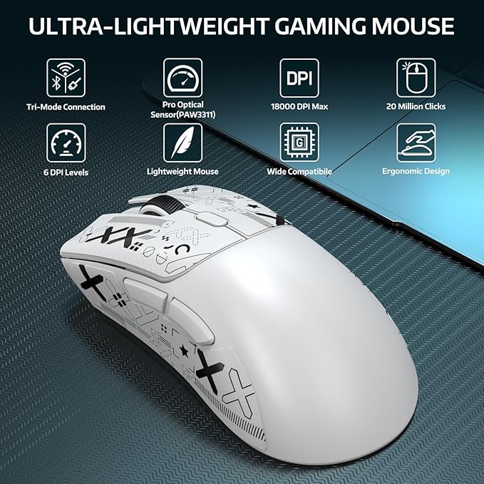 ATTACK SHARK R1 Wireless Gaming Mouse,Tri-Mode Connection (2.4G/Wired/BT5.2),55g Lightweight,18K DPI Optical Sensor,HUYU 20 Million Key Life,Ergonomic Design,for PC/Laptop/Win/Mac(White+Sticker)