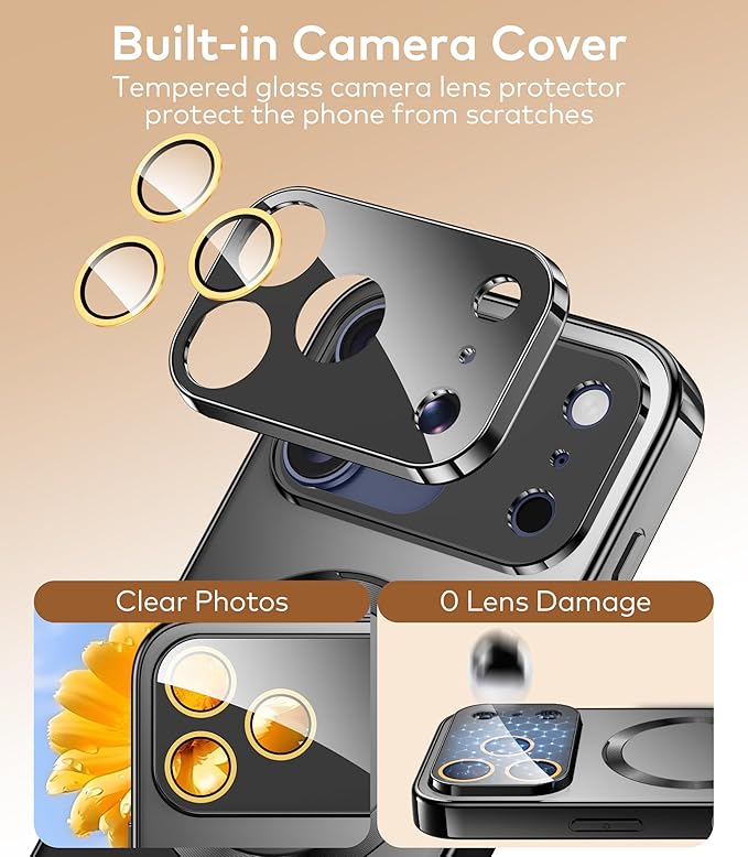 TOBOVON Magnetic for iPhone 17 Pro Max Case with Ring Stand, Fits MagSafe, with Built-in Camera Lens Protector, Slim Electroplated Shockproof Phone Cover, Black