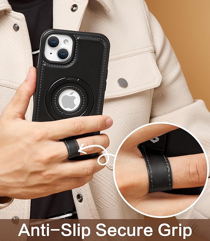 Butaiga for iPhone 15 Leather Case with Stand, Anti-Slip Grip Ring, Fits for MagSafe (Black, iPhone 15)