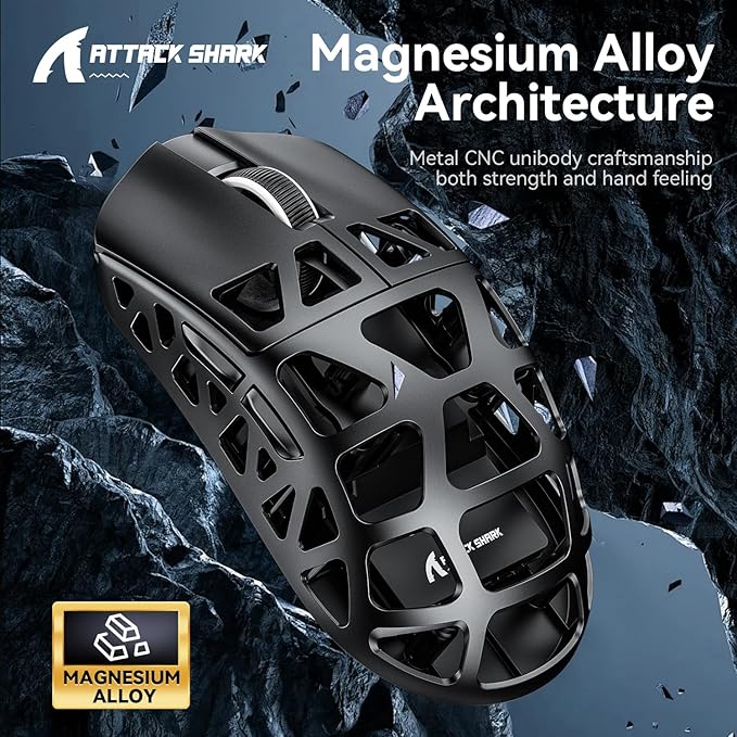 FELICON x Attack Shark R3 Magnesium Alloy Wireless Gaming Mouse, 46g Ultra-Lightweight Skeletal Shell, PAW3395 26K DPI, 8K Polling, Tri-Mode 2.4G/BT/Wired, for PC Mac Laptop - Black